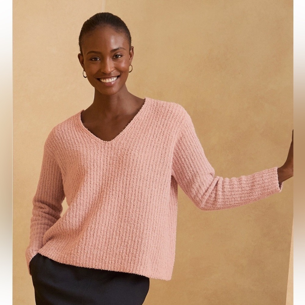 Eileen Fisher Organic Cotton/ Cashmere V Neck Fluffy Sweater in Opal NEW